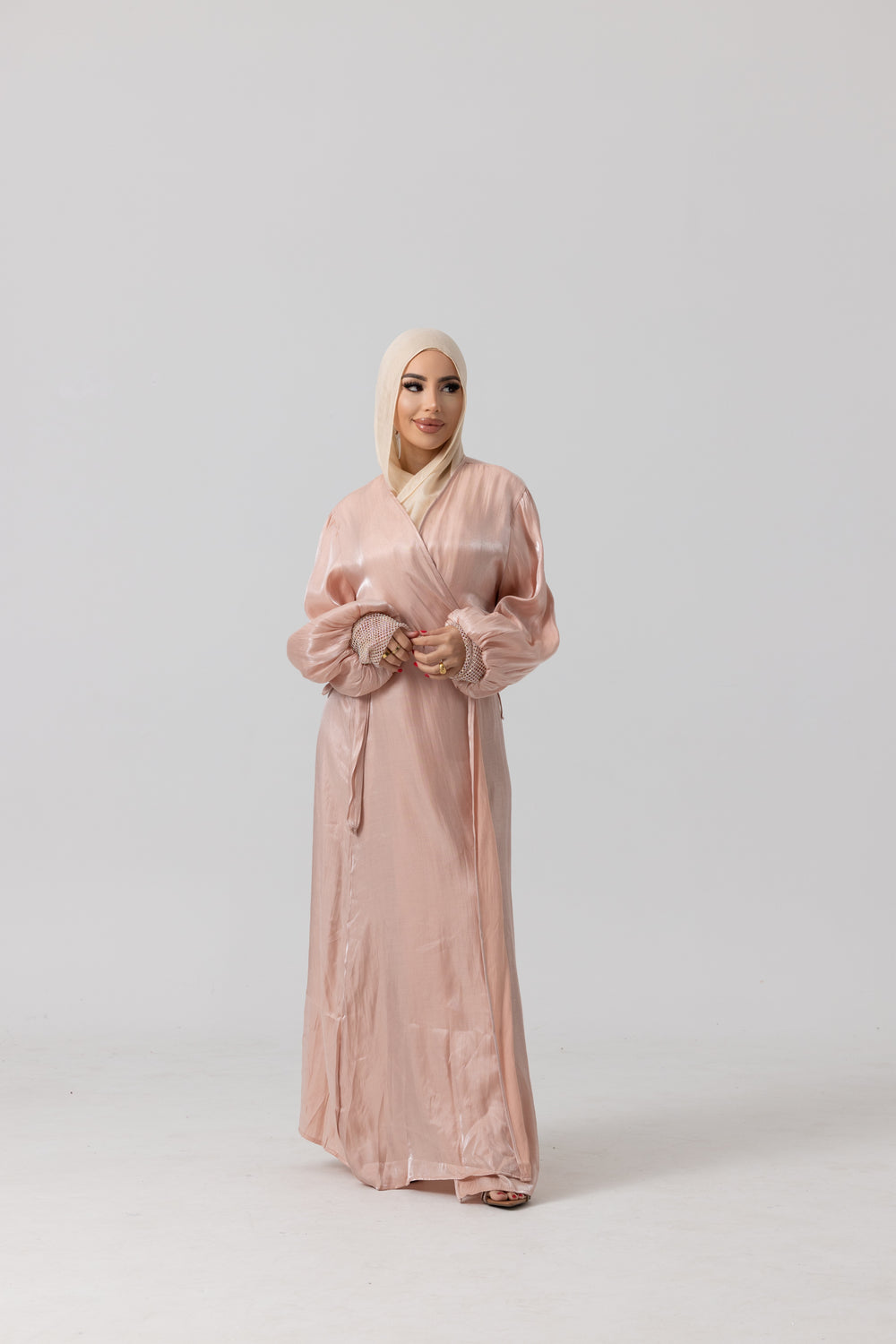 PIXIE MESH SLEEVE OPEN ABAYA- With belt — Pink