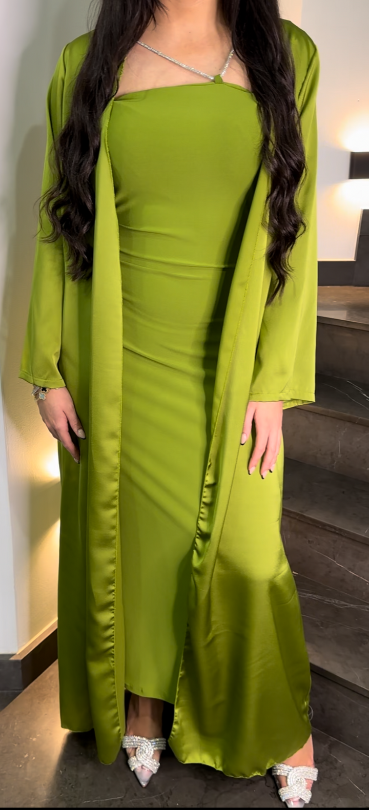 Strapless rhinestone dress and satin kimono set