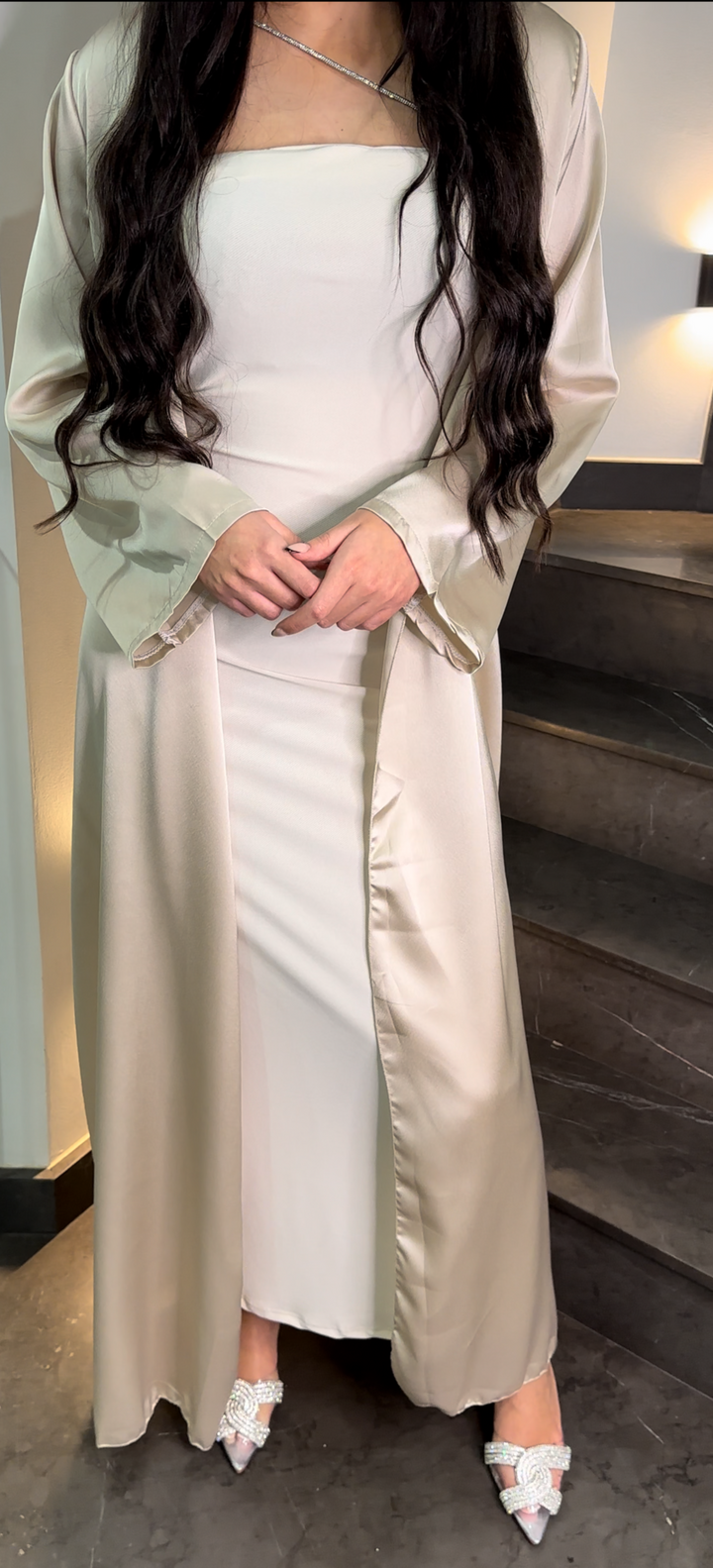 Strapless rhinestone dress and satin kimono set