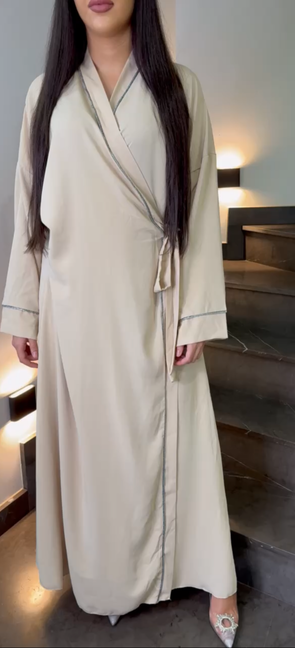 Silver Trim Abaya Wrap — LIGHT BEIGE